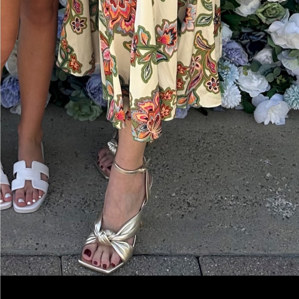 Stuart Weitzman Metallic Gold Knotted Square-Toe Ankle-Strap Heels